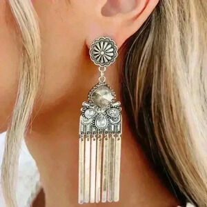 Silver Rhinestone Flower Dangle Earrings